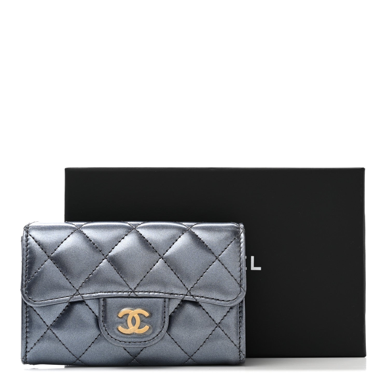Chanel Metallic Lambskin Quilted Flap Card Holder Wallet Dark Blue 9 of 9