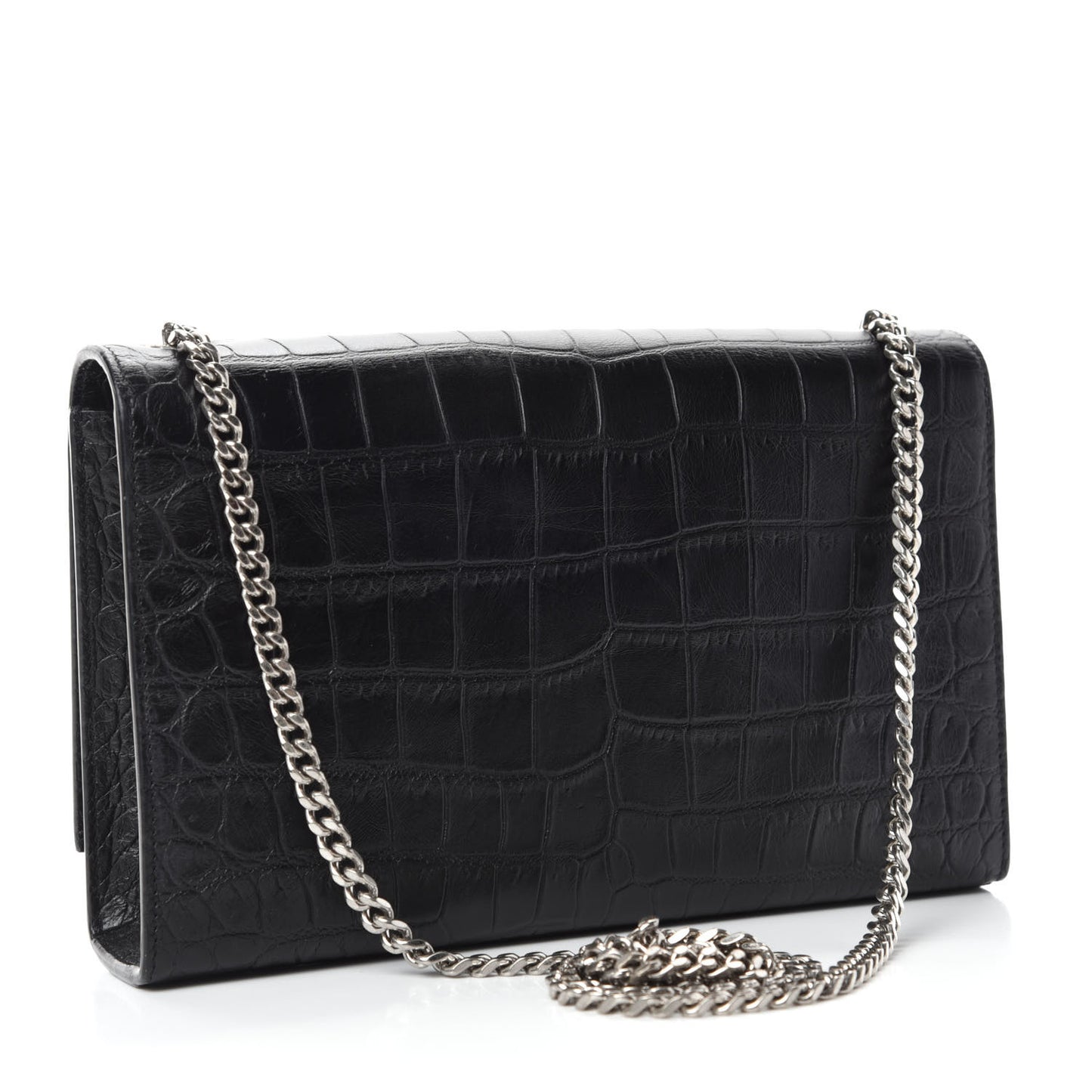 Calfskin Crocodile Embossed Medium Classic Monogram Kate Tassel Satchel Black