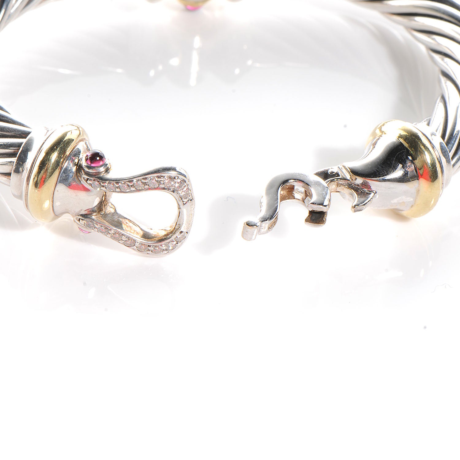 David Yurman Sterling Silver 18K Yellow Gold Diamond Pink Tourmaline 10mm Cable Buckle Bracelet 5 of 6