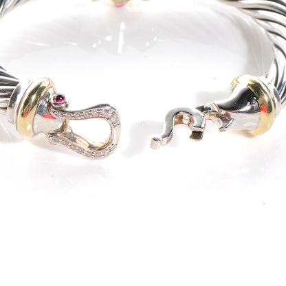 David Yurman Sterling Silver 18K Yellow Gold Diamond Pink Tourmaline 10mm Cable Buckle Bracelet 5 of 6