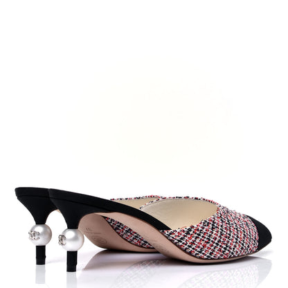 Chanel Tweed Grosgrain Pearl Cap Toe Mules 37 Black Red 3 of 9