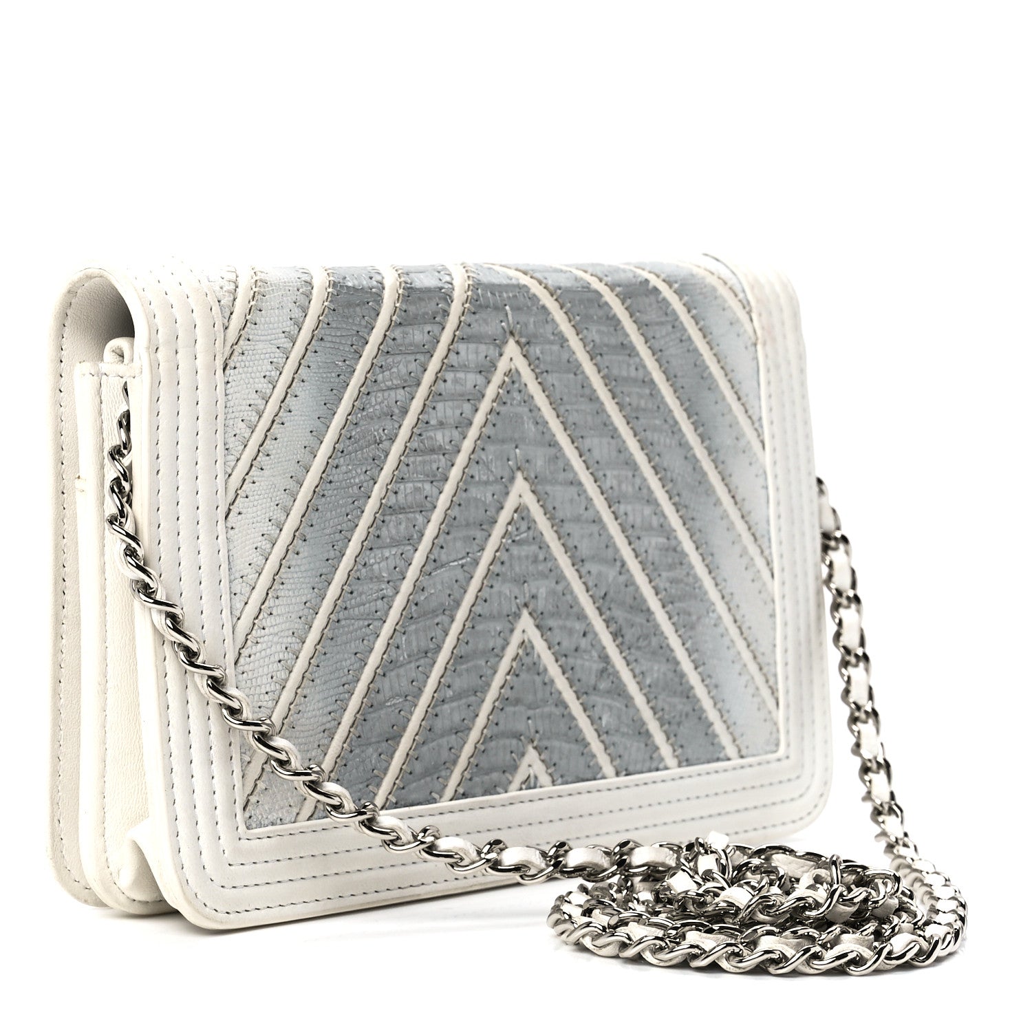 Chanel Lizard Chevron Stitched Boy Wallet On Chain WOC White Silver 3 of 12