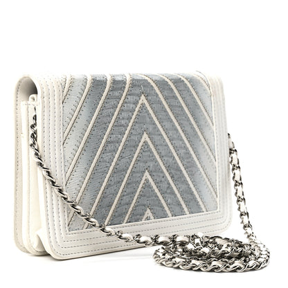 Chanel Lizard Chevron Stitched Boy Wallet On Chain WOC White Silver 3 of 12