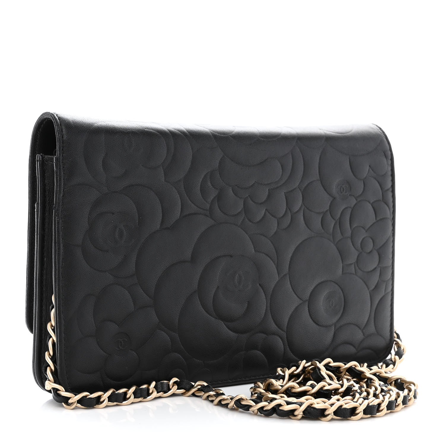 Chanel Lambskin Camellia Embossed Wallet on Chain WOC Black 3 of 12
