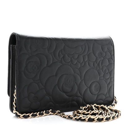 Chanel Lambskin Camellia Embossed Wallet on Chain WOC Black 3 of 12