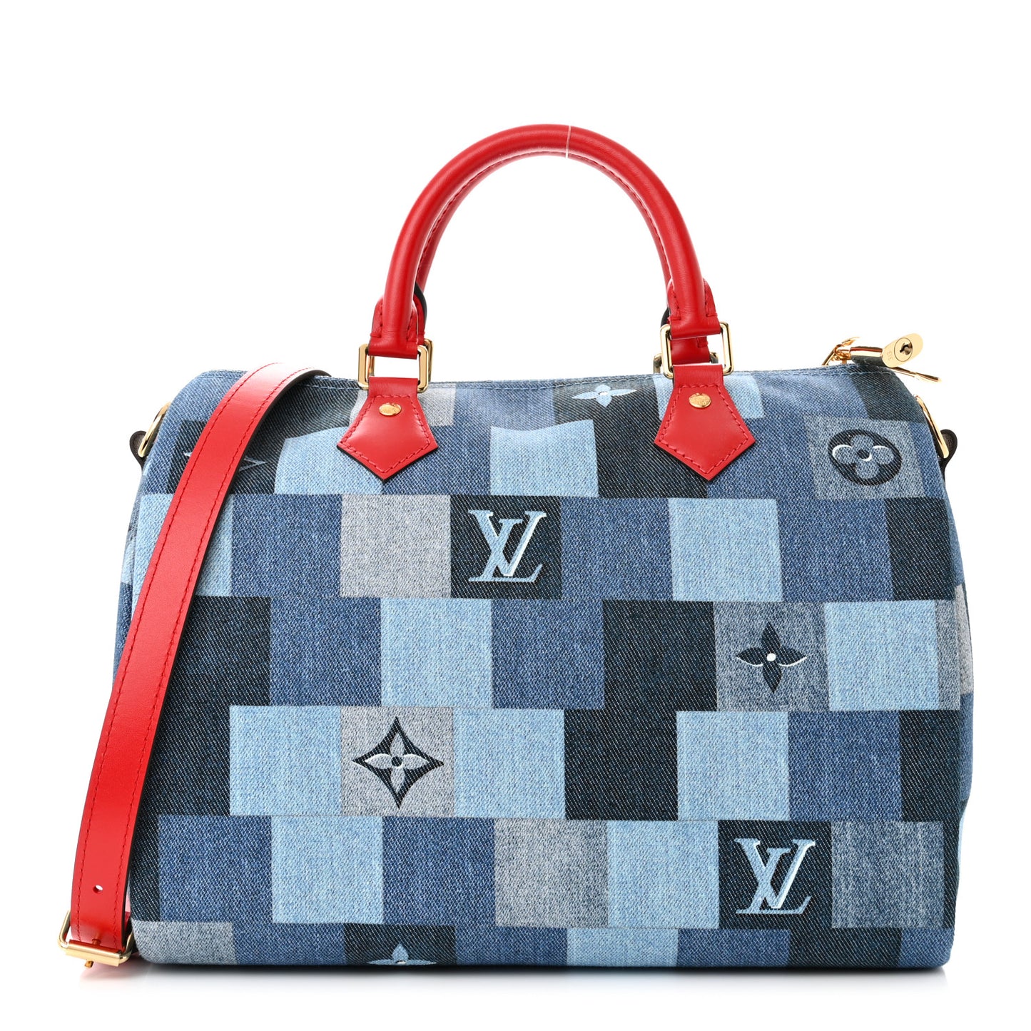 Denim Damier Monogram Patchwork Speedy Bandouliere 30 Blue Rouge
