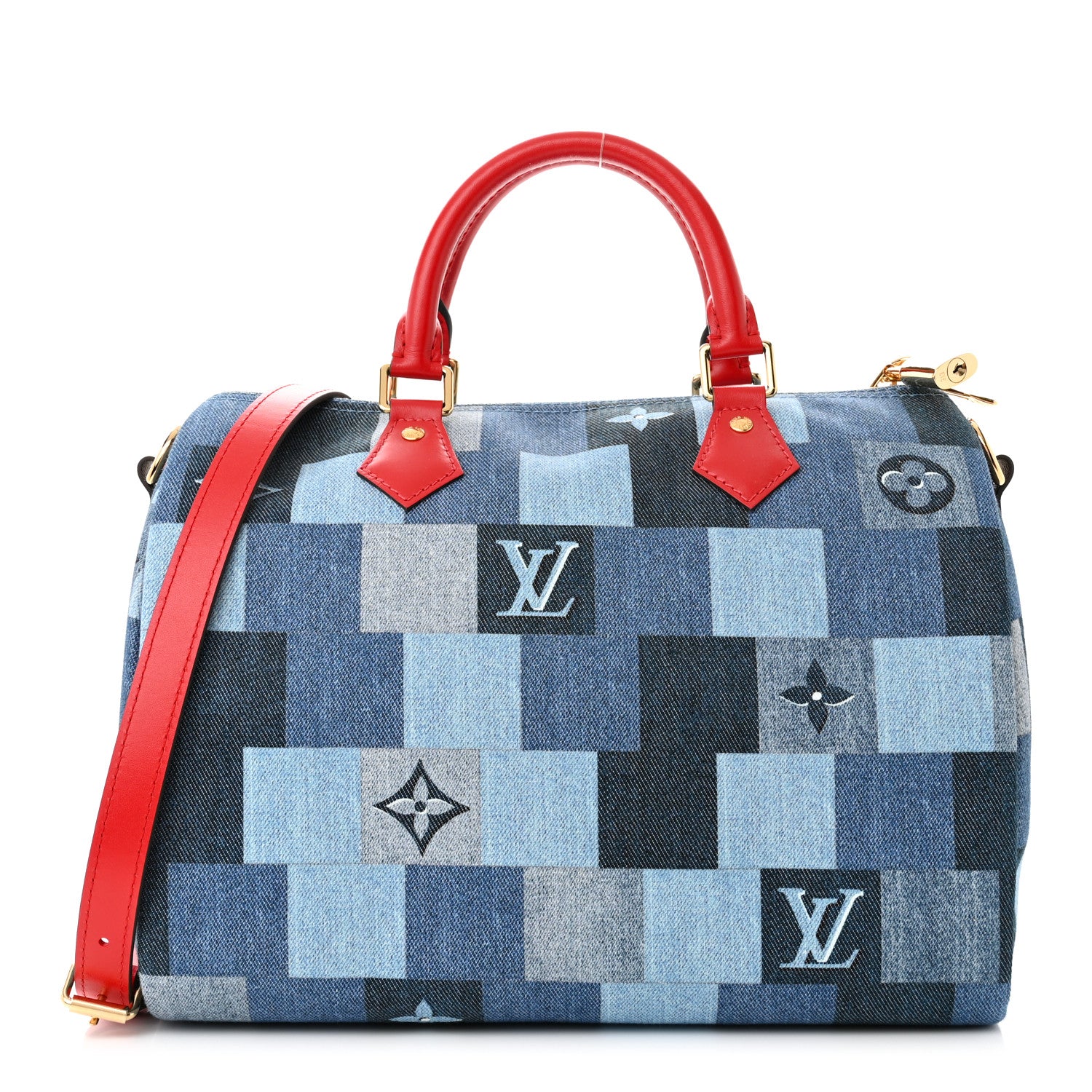 Louis Vuitton Denim Damier Monogram Patchwork Speedy Bandouliere 30 Blue Rouge 1 of 11