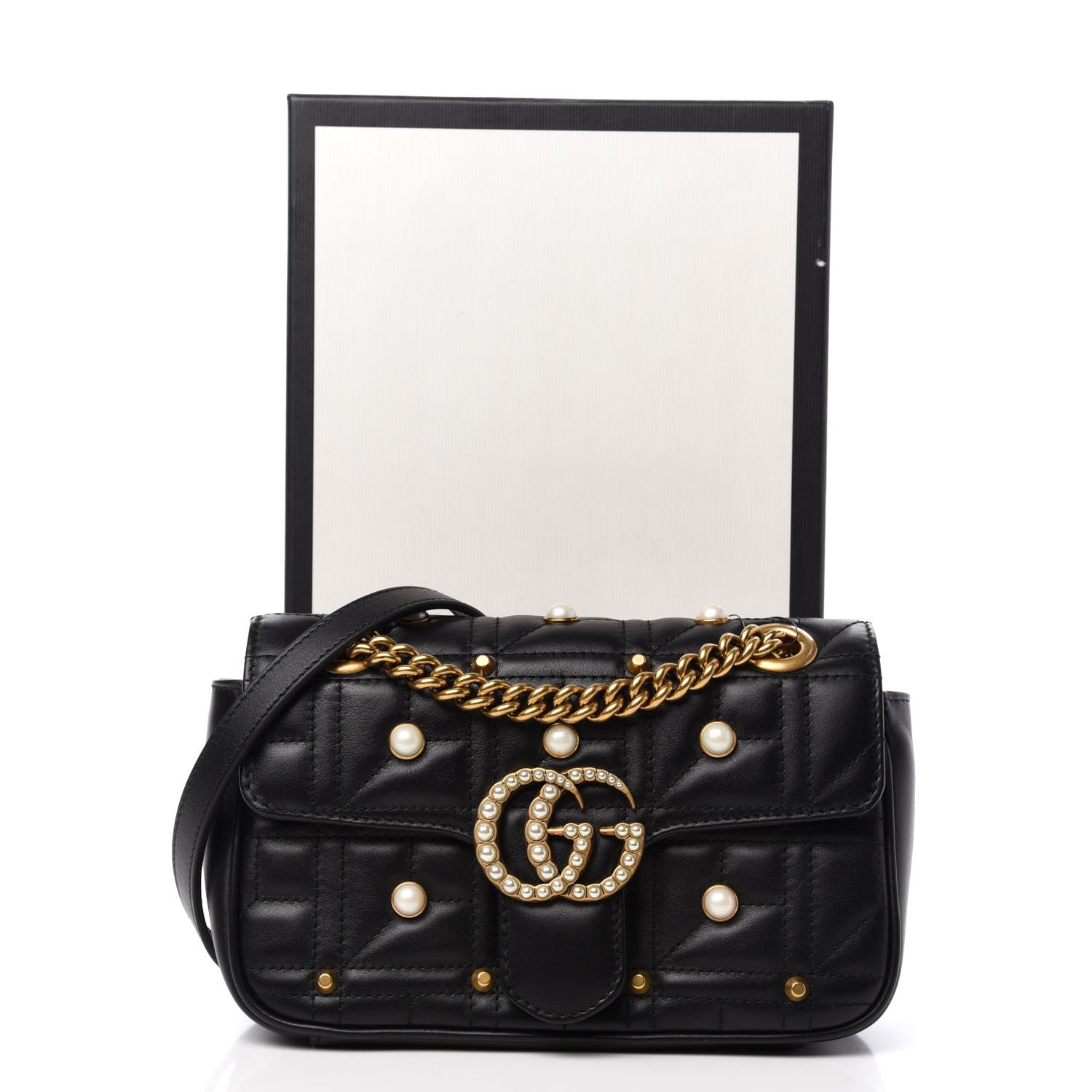 Gucci Calfskin Matelasse Studded Mini Pearly GG Marmont Shoulder Bag Black 13 of 13