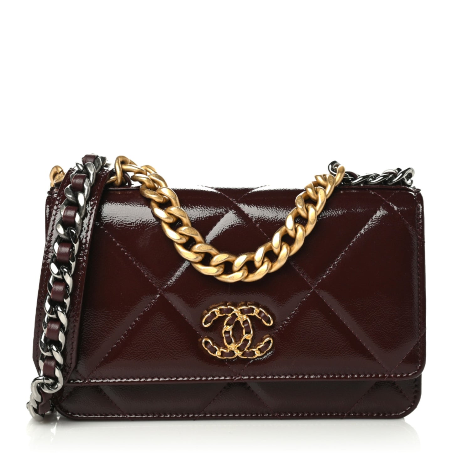 Shiny Crumpled Calfskin Quilted Chanel 19 Wallet On Chain WOC Burgundy