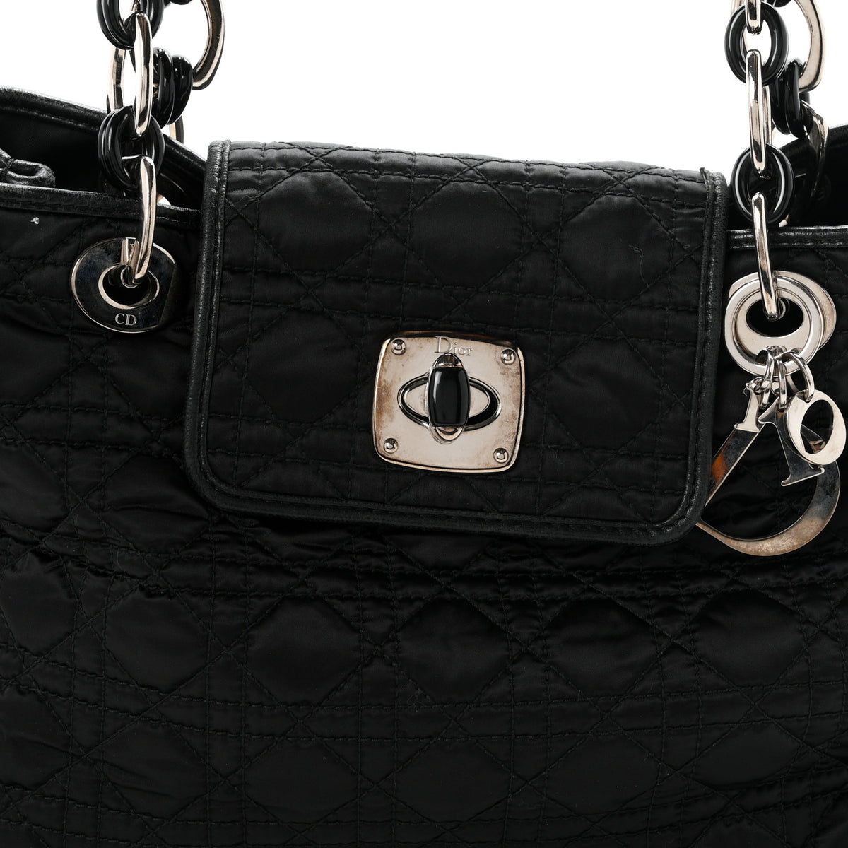 Satin Cannage Charming Lock Flap Shoulder Bag Black