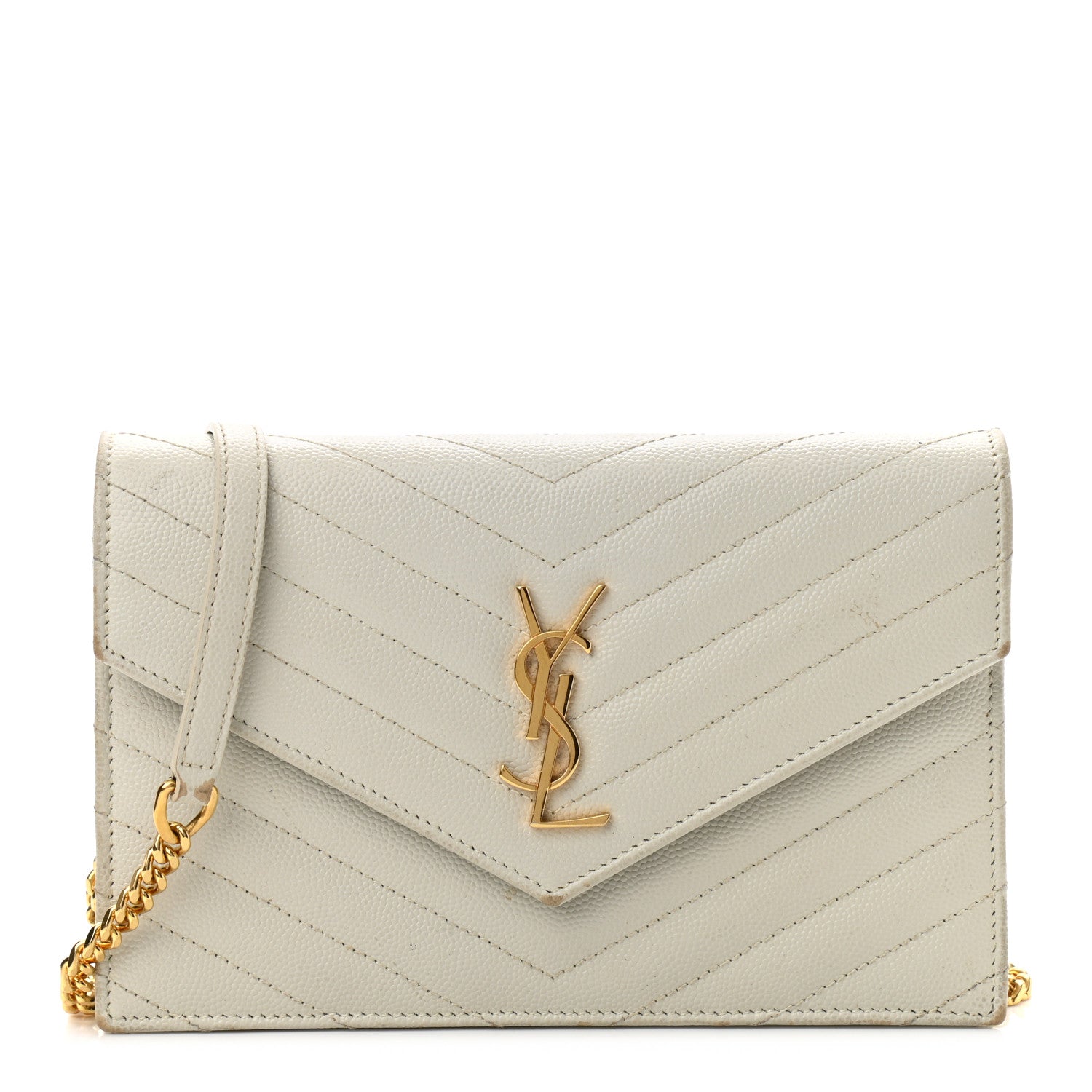 Saint Laurent Grain De Poudre Matelasse Chevron Monogram Envelope Chain Wallet Crema Soft 1 of 14