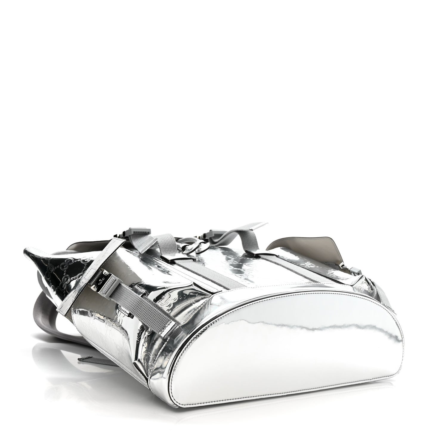 Mirror Effect GG Monogram Appia Calfskin Web Double Buckle Backpack Silver