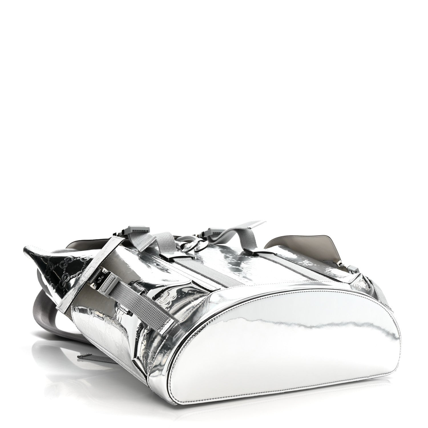 Gucci Mirror Effect GG Monogram Appia Calfskin Web Double Buckle Backpack Silver 3 of 9