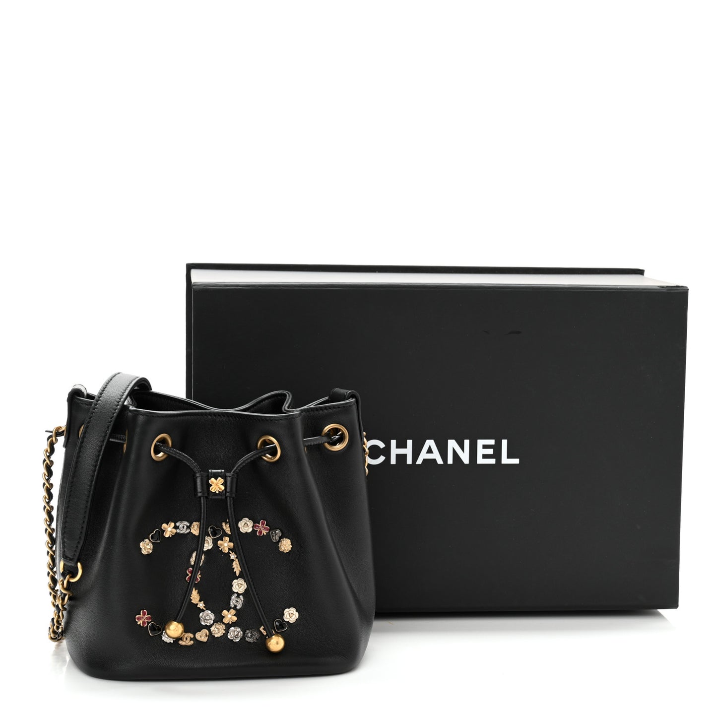 Lambskin Quilted Lucky Charms CC Drawstring Bag Black
