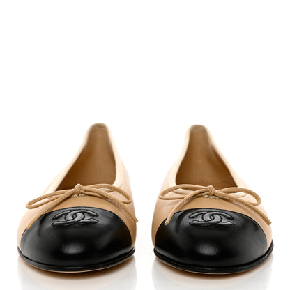 Chanel Lambskin Cap Toe CC Ballerina Flats 37 Beige Black 2 of 9