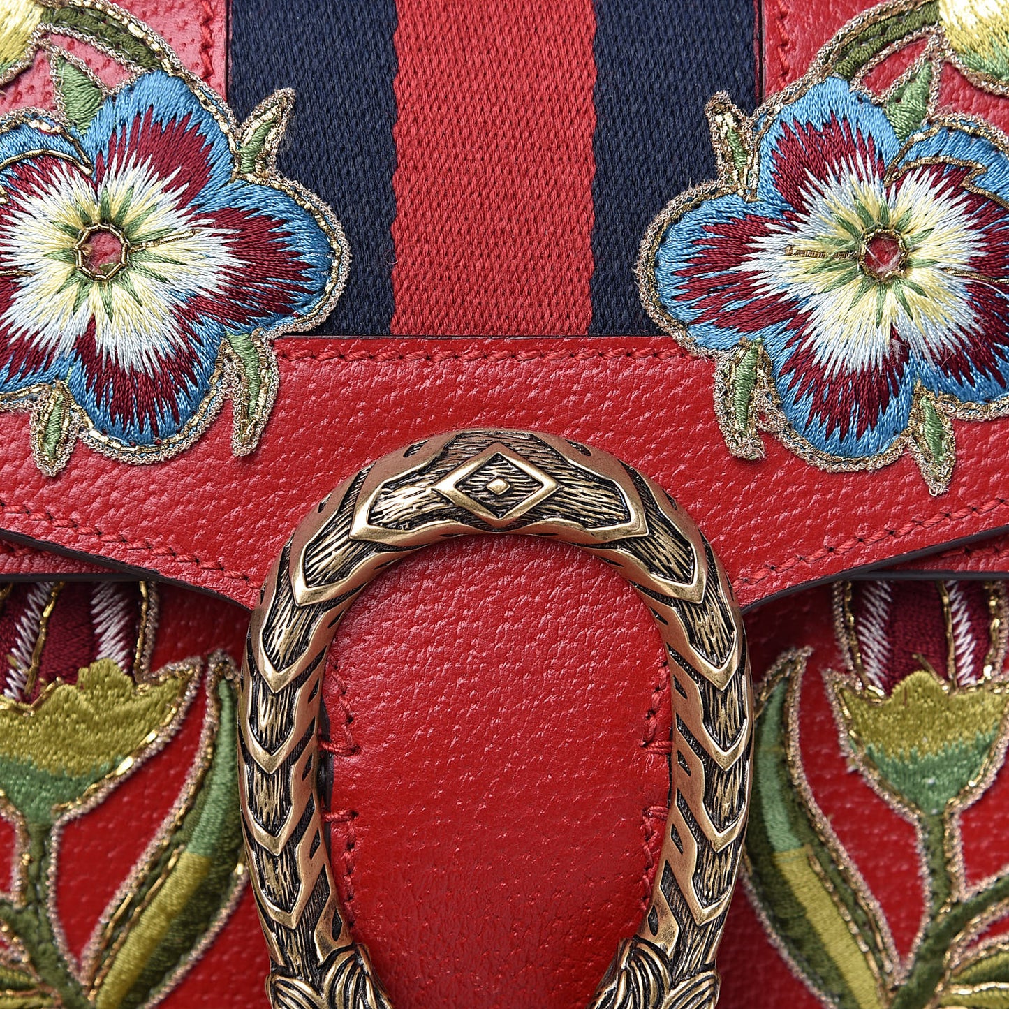 Calfskin Web Floral Embroidered Small Dionysus Shoulder Bag Hibiscus Red
