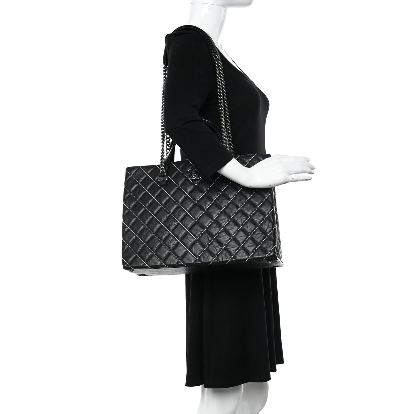 Calfskin Chevron Stitched Shopping Tote Black