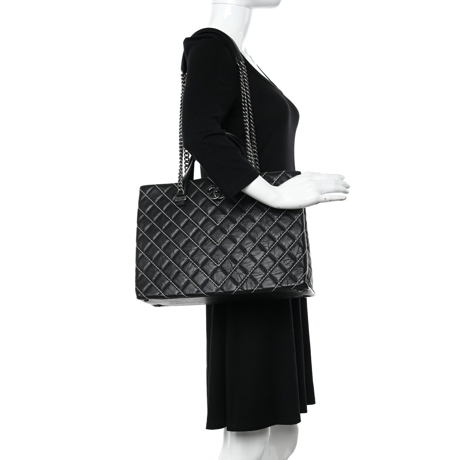 Chanel Calfskin Chevron Stitched Shopping Tote Black 2 of 10