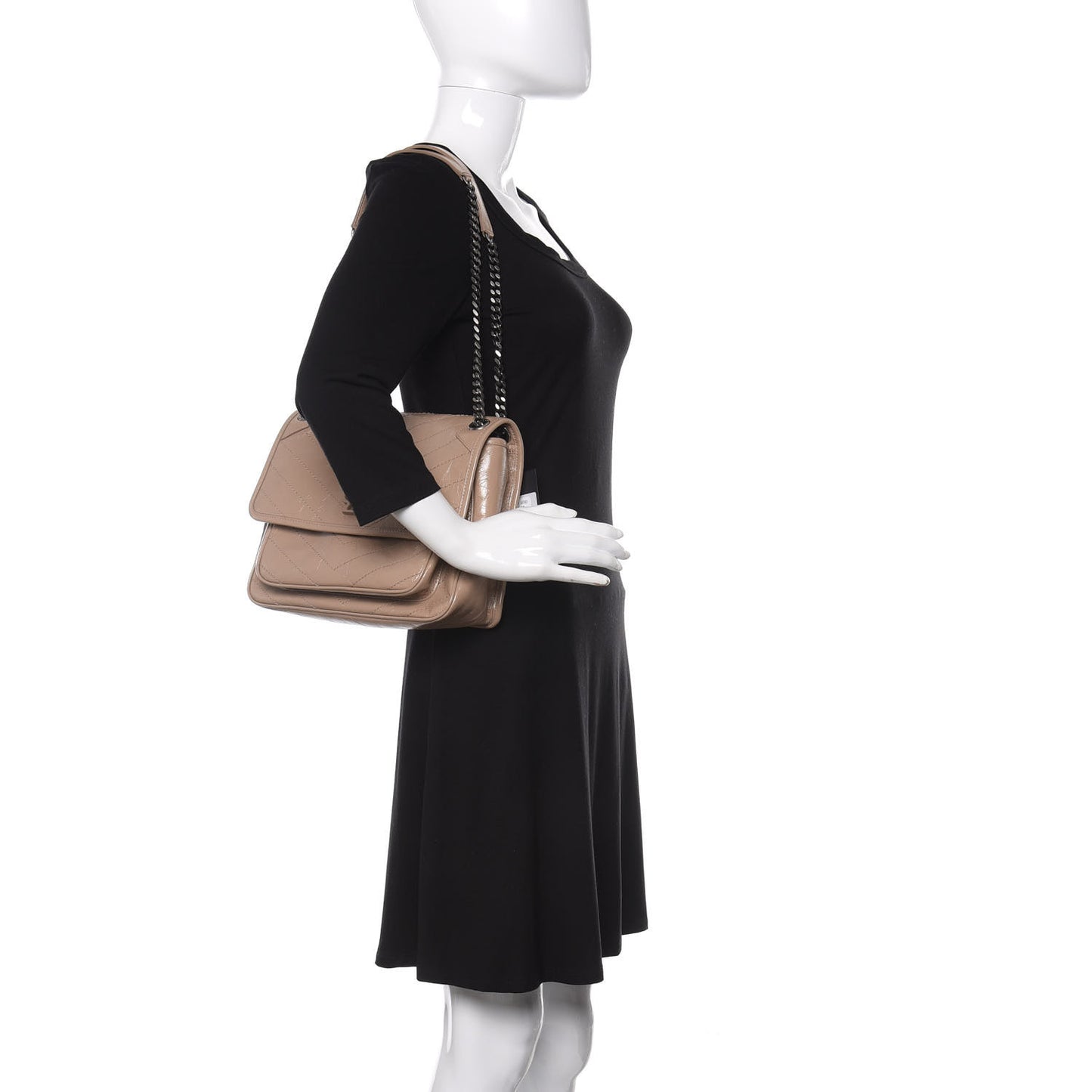 Crinkled Calfskin Matelasse Monogram Medium Niki Chain Satchel Light Taupe