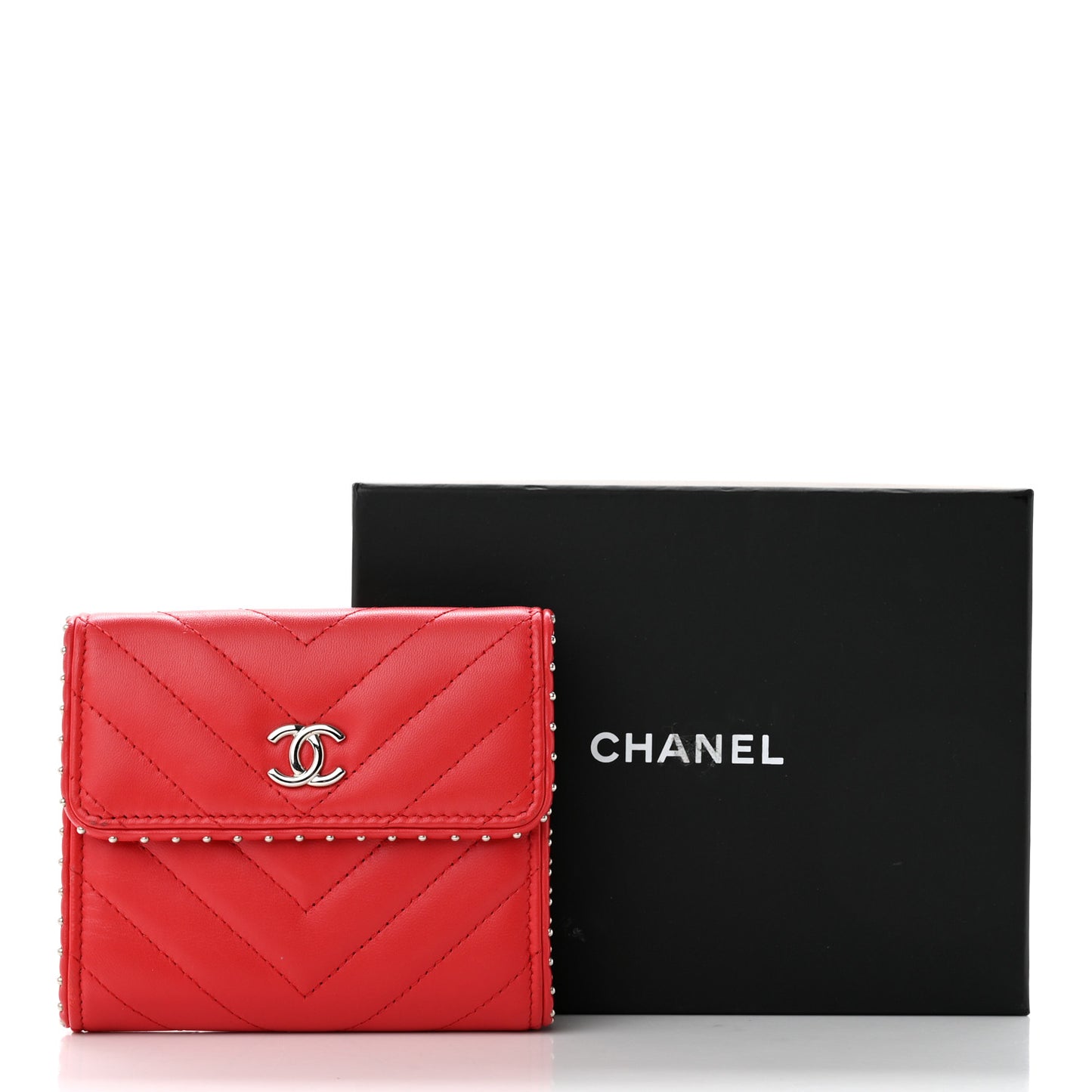 Lambskin Chevron Quilted Studded Compact Flap Wallet Red