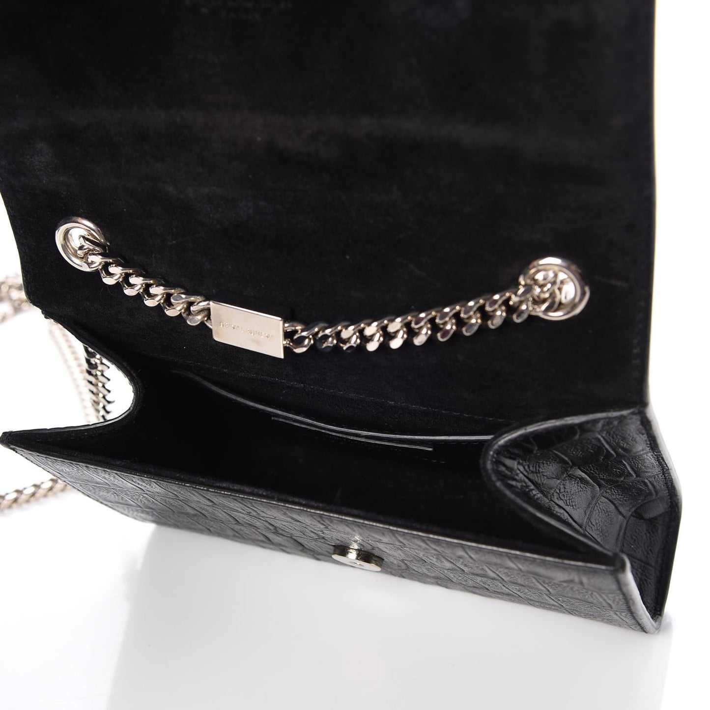 Croc Calfskin Embossed Small Classic Monogram Kate Tassel Satchel Black