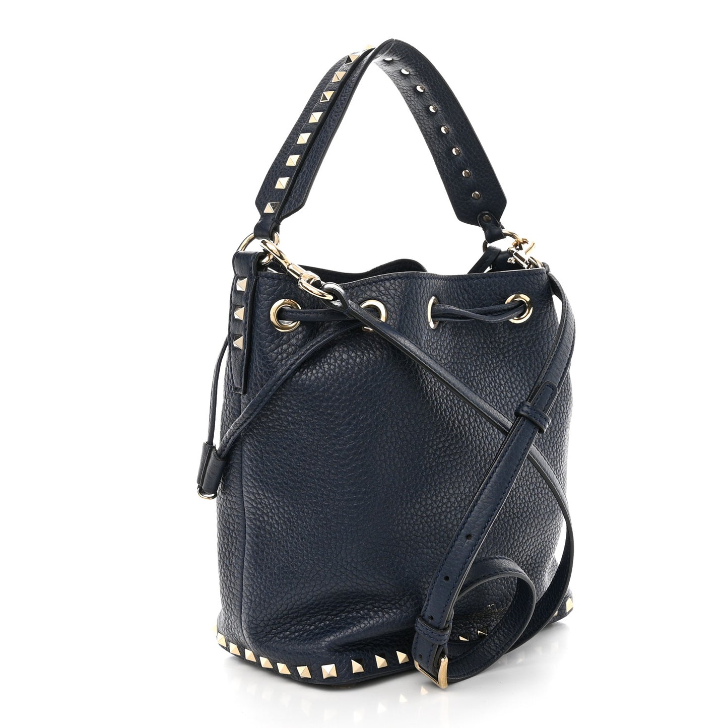 Pebbled Calfskin Small Rockstud Bucket Bag Navy