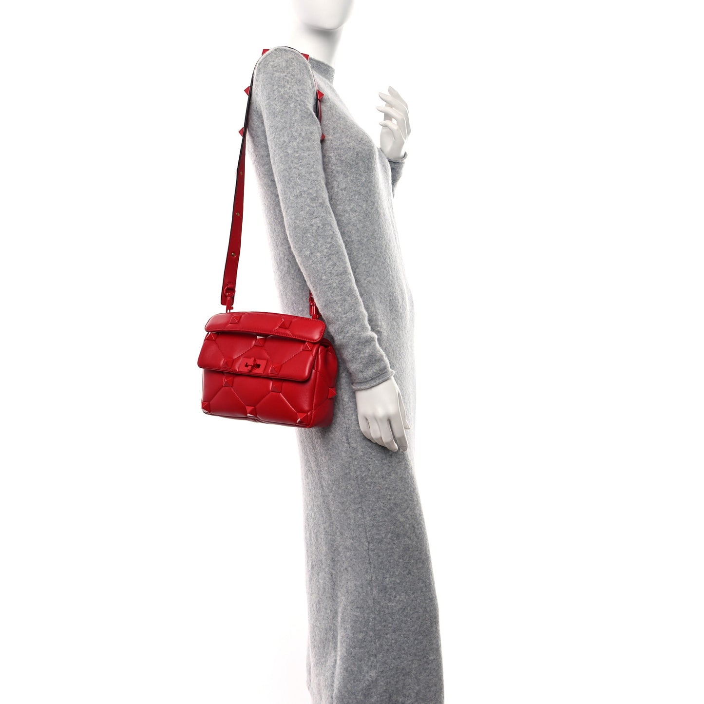 Nappa Enamel Monochrome Medium Roman Stud Shoulder Bag Rouge Pur