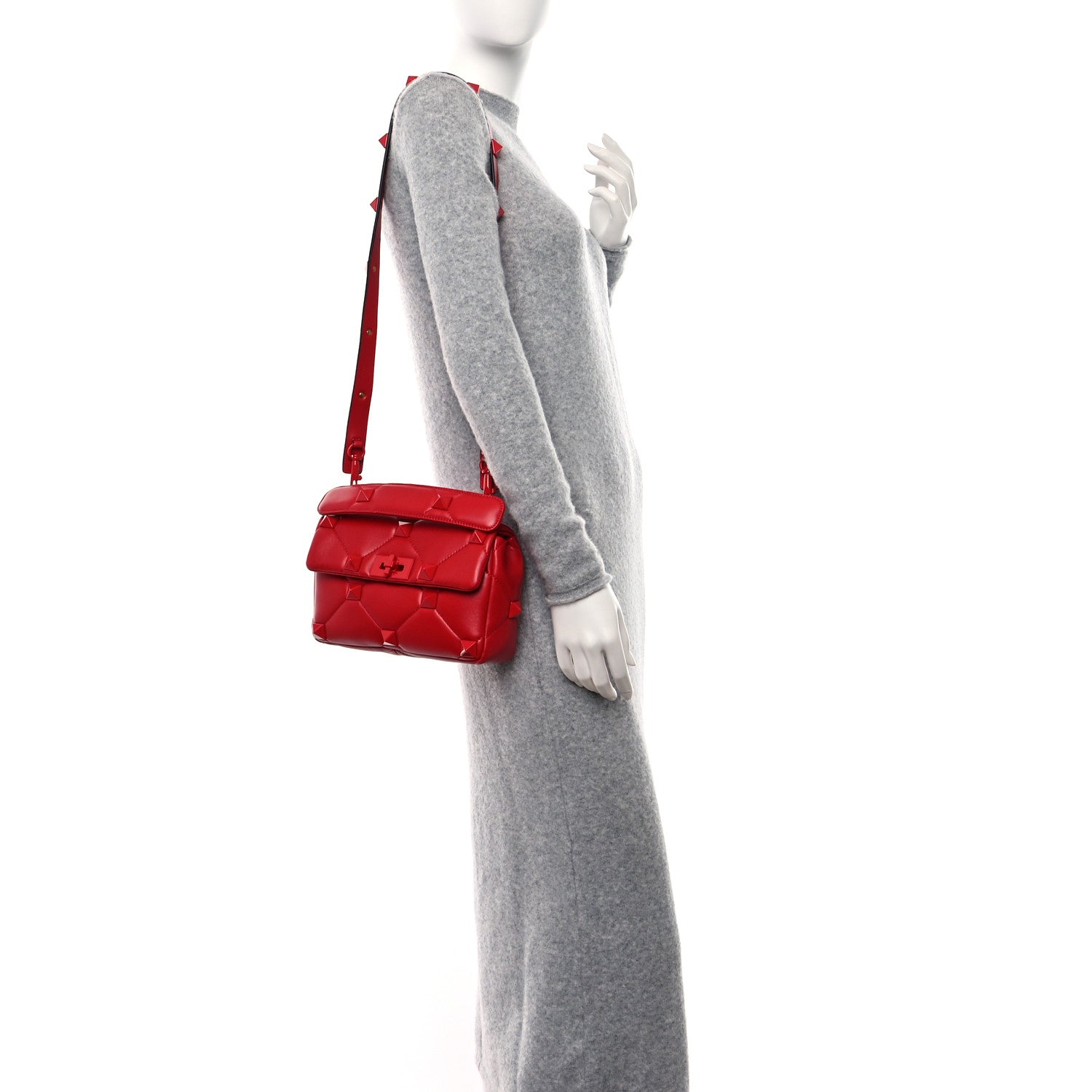 Valentino Garavani Nappa Enamel Monochrome Medium Roman Stud Shoulder Bag Rouge Pur 3 of 8