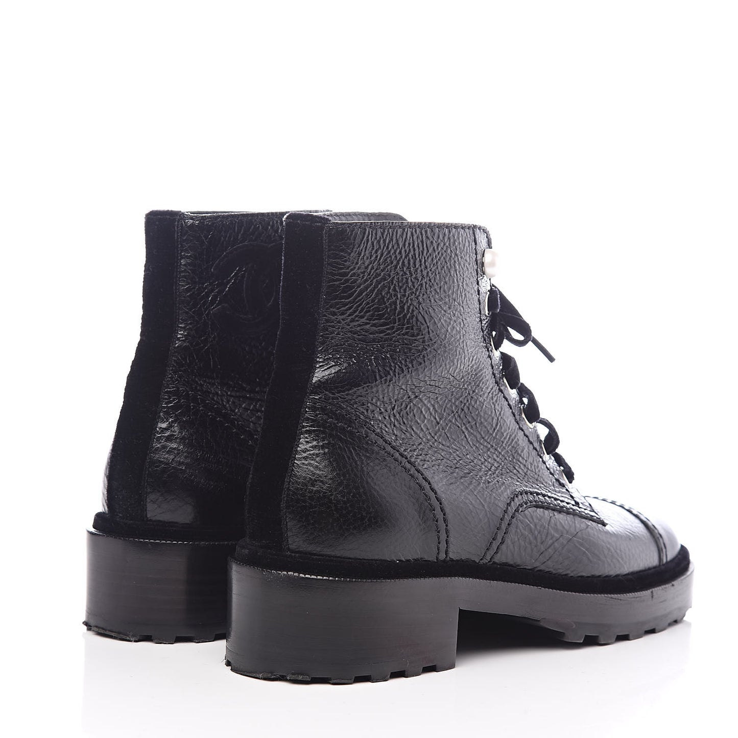 Calfskin Velvet Pearl Combat Short Boots 38 Black