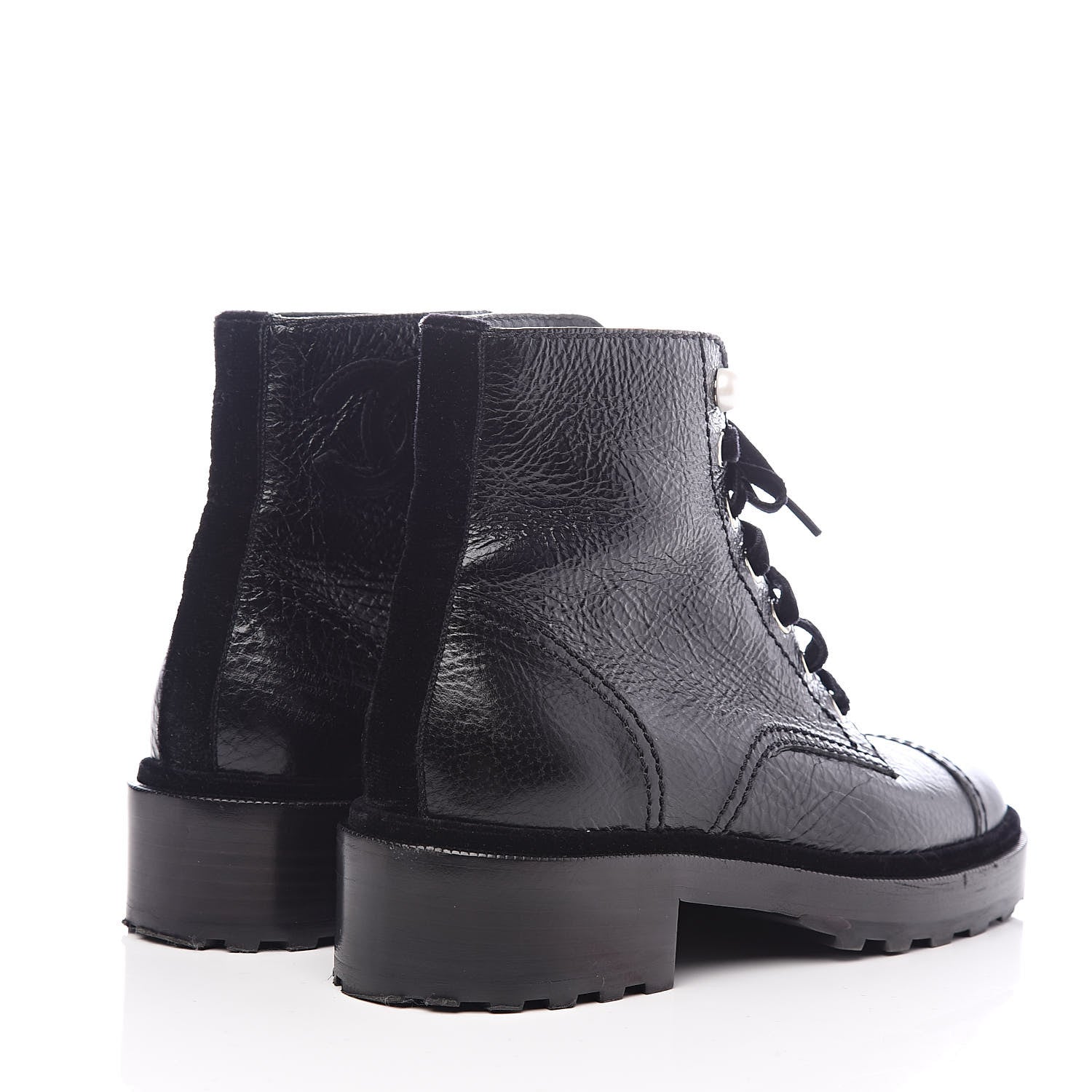 Chanel Calfskin Velvet Pearl Combat Short Boots 38 Black 4 of 8