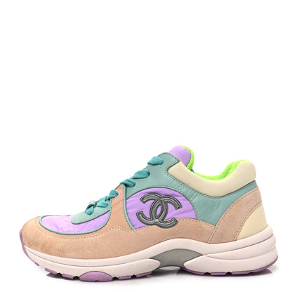 Chanel Nylon Lambskin Suede Calfskin CC Sneakers 37 Green Purple Pink 1 of 8