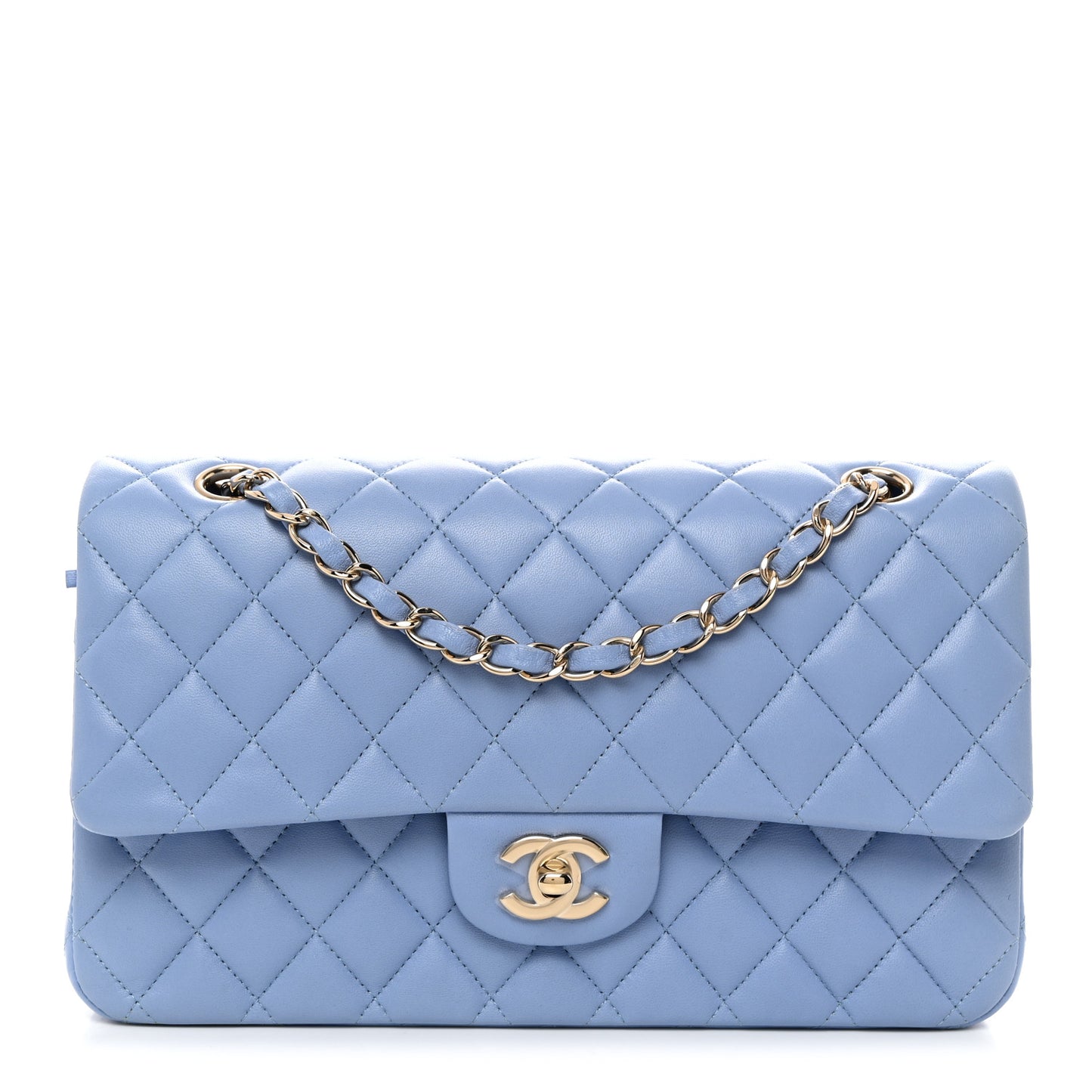Lambskin Quilted Medium Double Flap Light Blue
