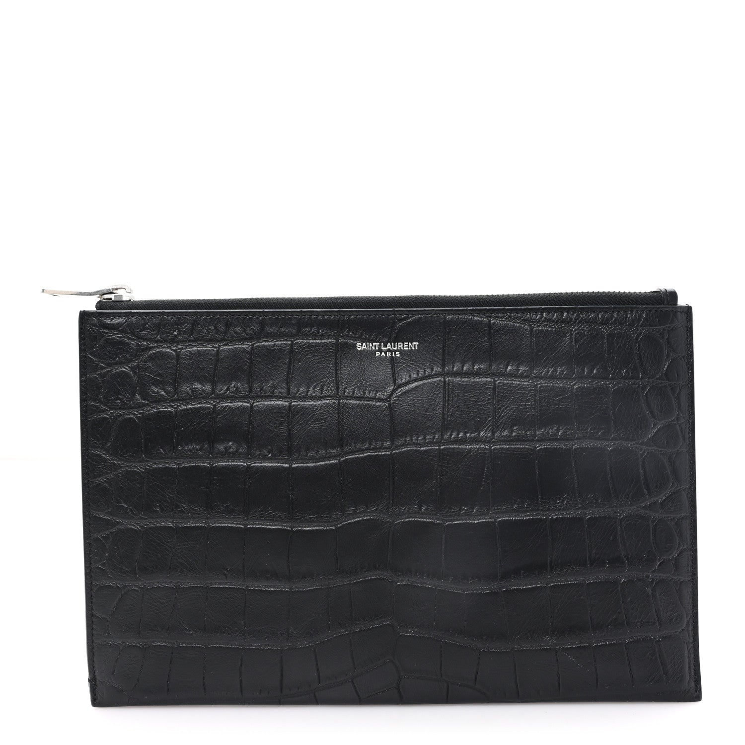 Saint Laurent Calfskin Crocodile Embossed Zip Mini Tablet Sleeve Black 1 of 7