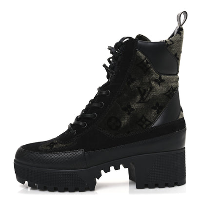 Louis Vuitton Velvet Calfskin Monogram Laureate Platform Desert Boots 39 Black Green 1 of 10