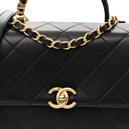 Chanel Lambskin Stitched Pearl Logo Top Handle Flap Black Black 8 of 10