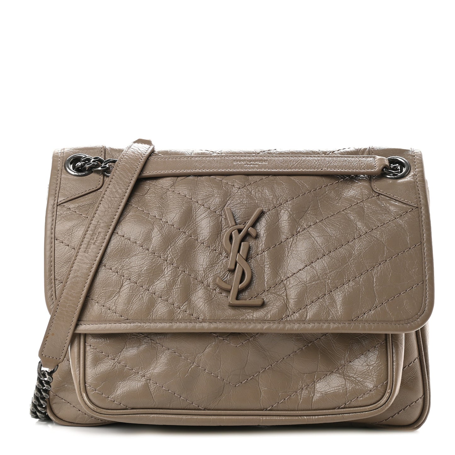 Crinkled Calfskin Matelasse Monogram Medium Niki Chain Satchel Taupe
