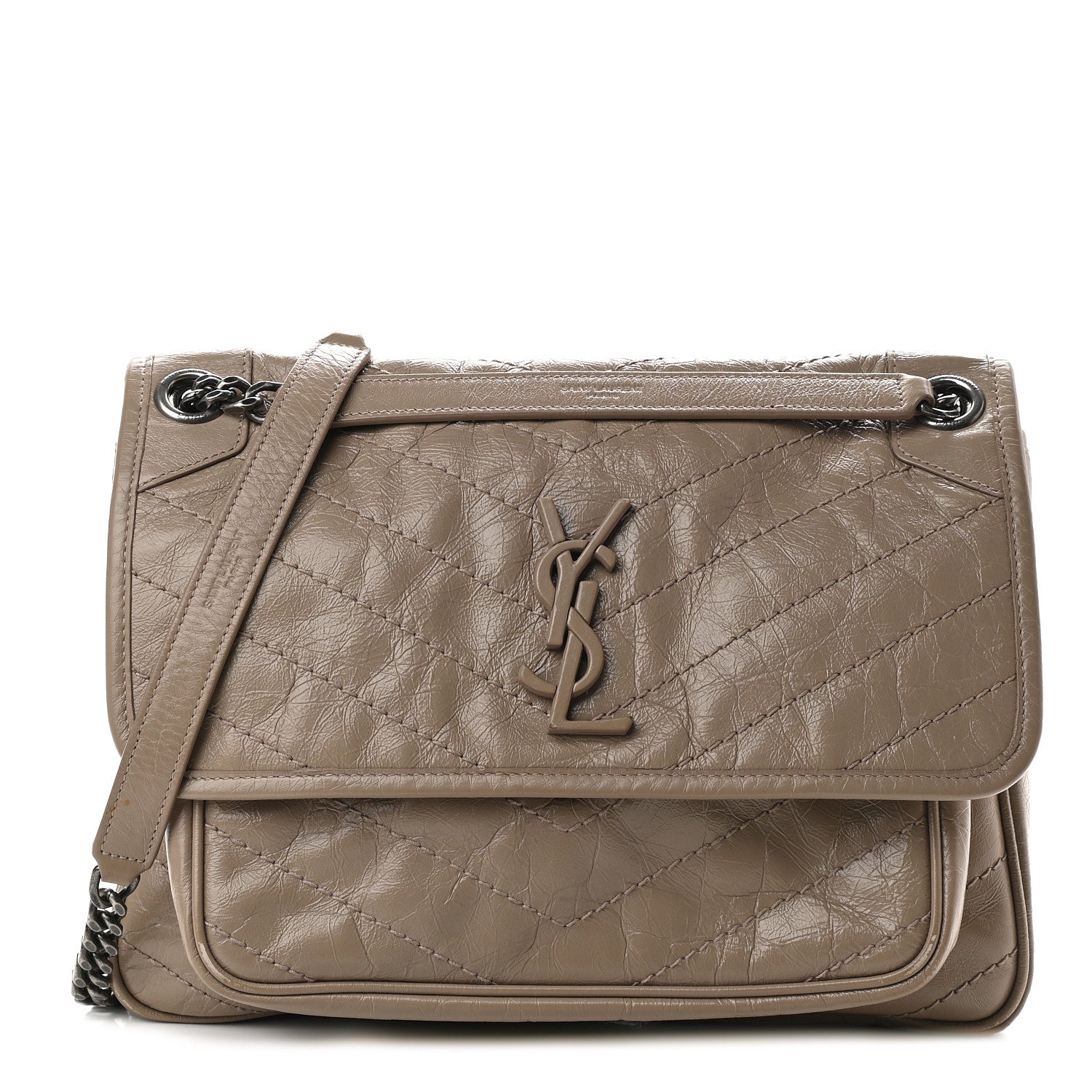 Saint Laurent Crinkled Calfskin Matelasse Monogram Medium Niki Chain Satchel Taupe 1 of 9