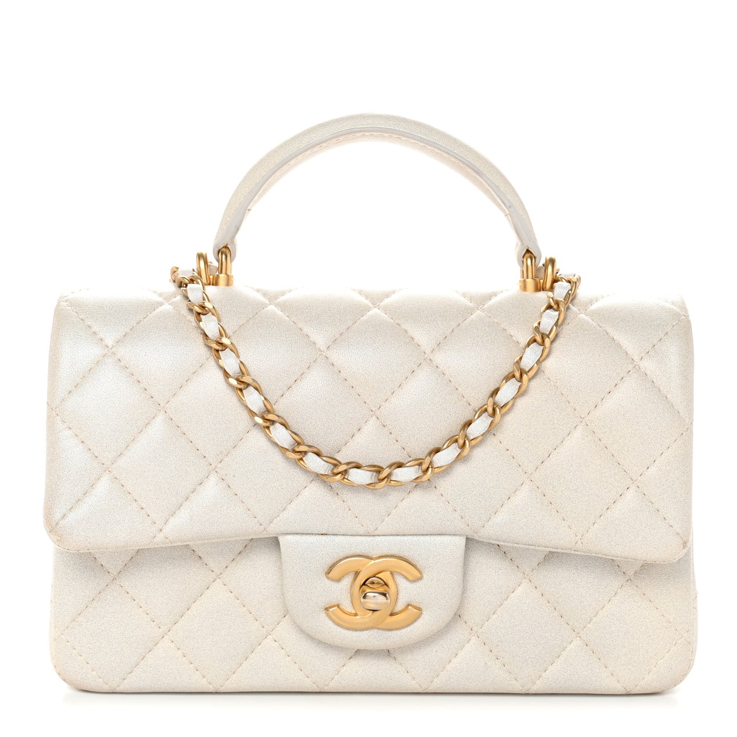Iridescent Lambskin Quilted Mini Top Handle Rectangular Flap White