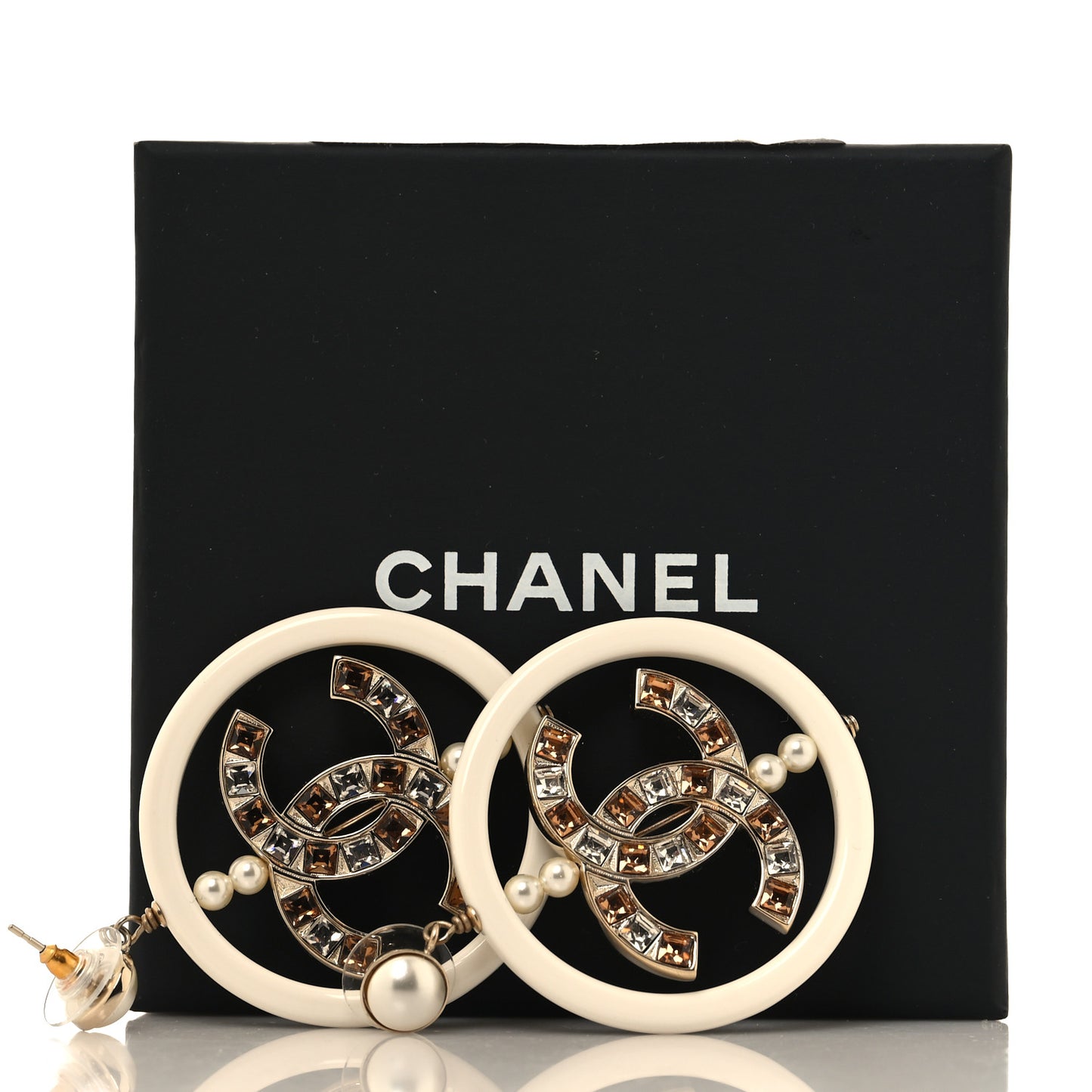 Resin Crystal Baguette Pearl CC Drop Hoop Earrings Gold White