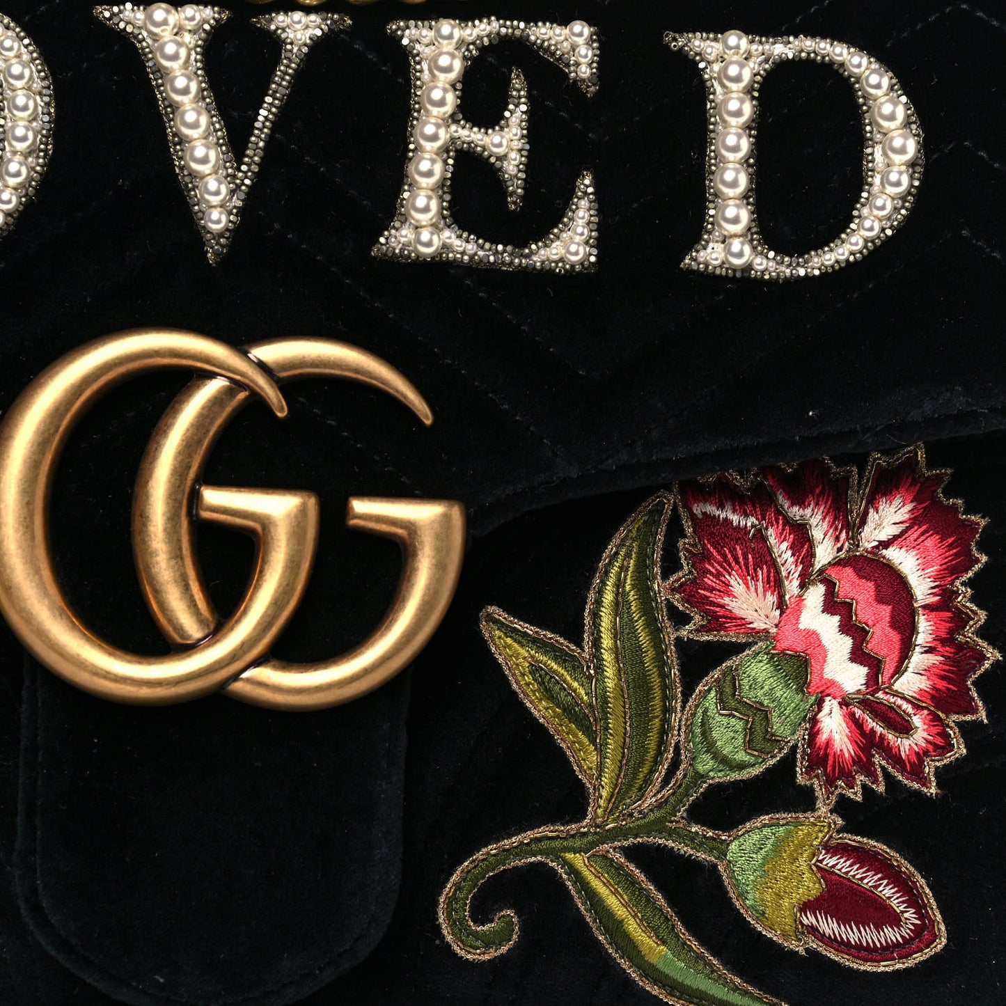 Velvet Matelasse Loved Embroidered Medium GG Marmont Shoulder Bag Black