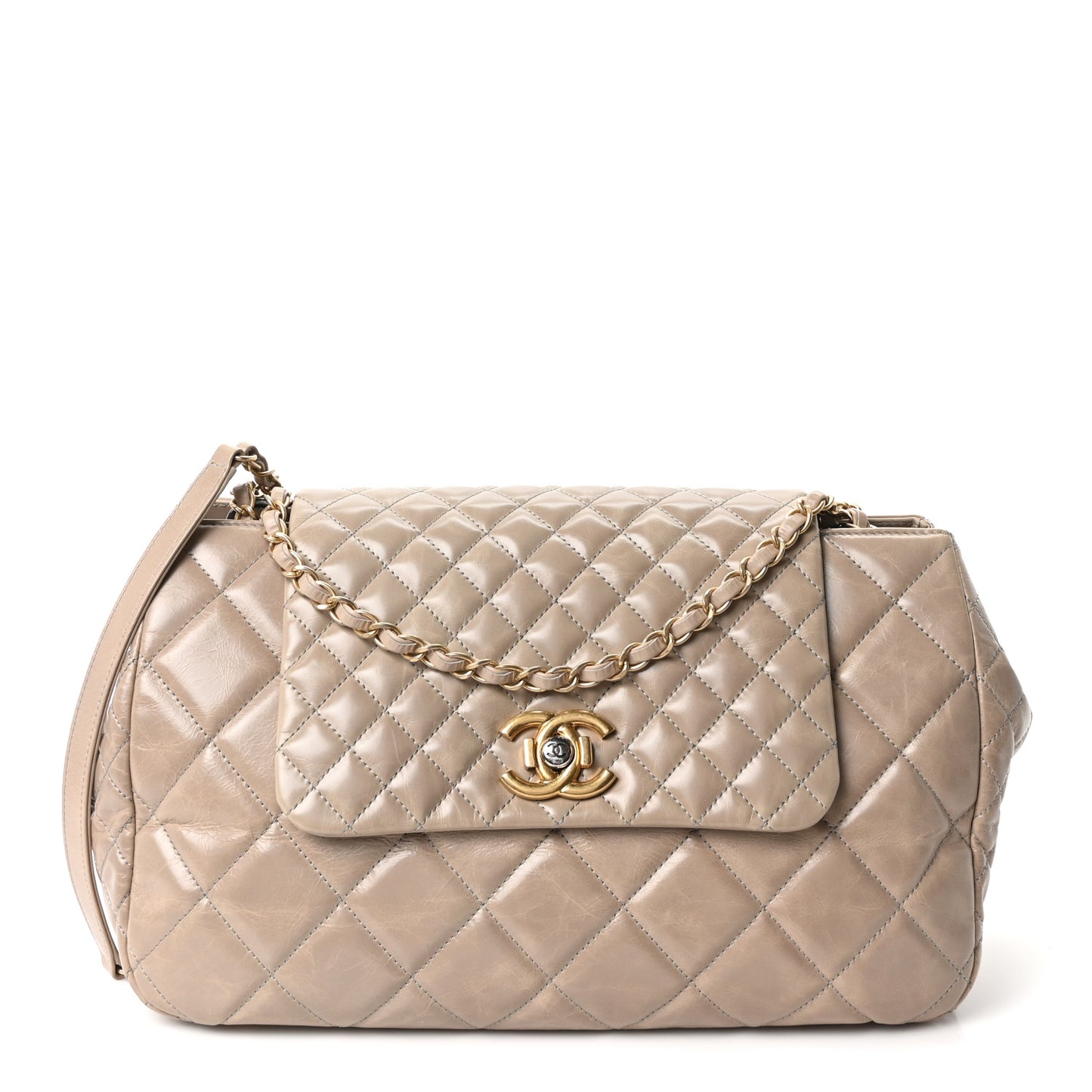 Glazed Calfskin Quilted Large Daily Walk Flap Beige