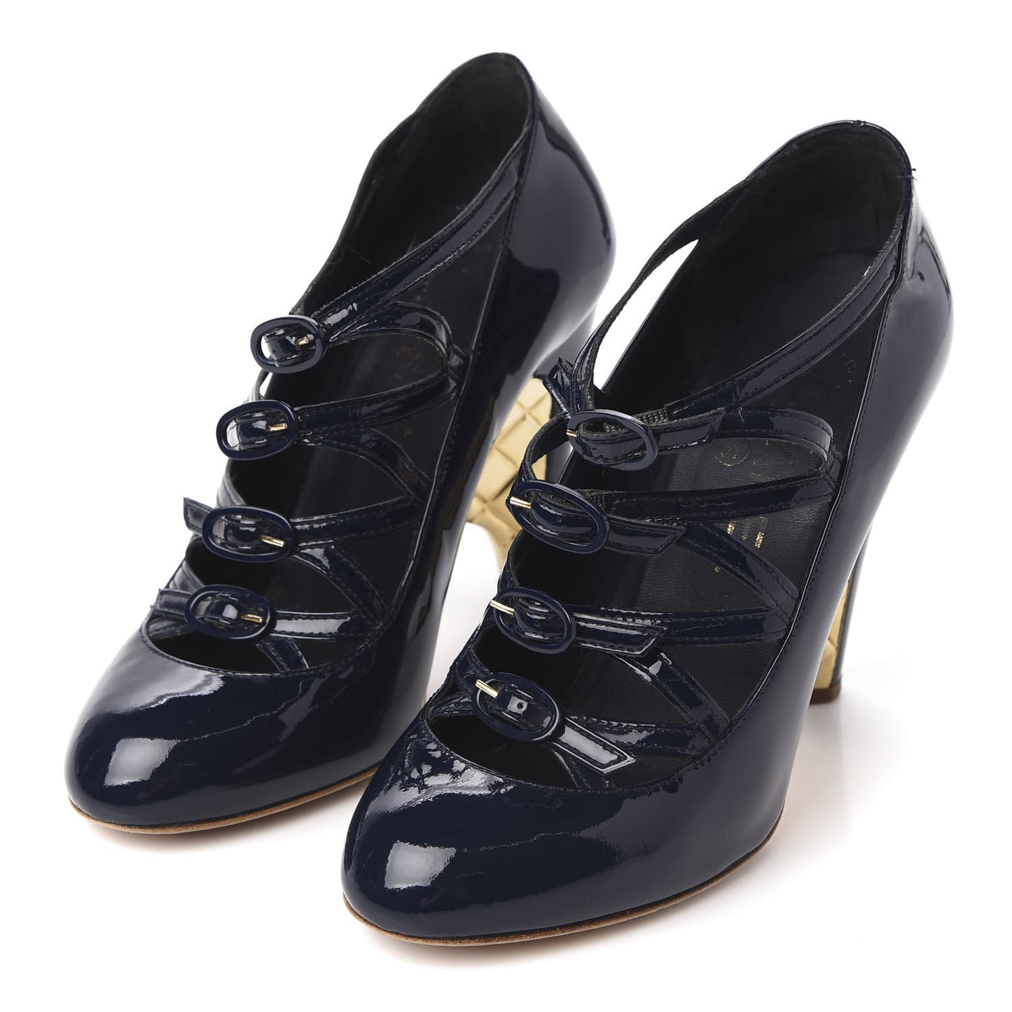 Patent Calfskin Quilted CC Strap Pumps 35 Navy Gold