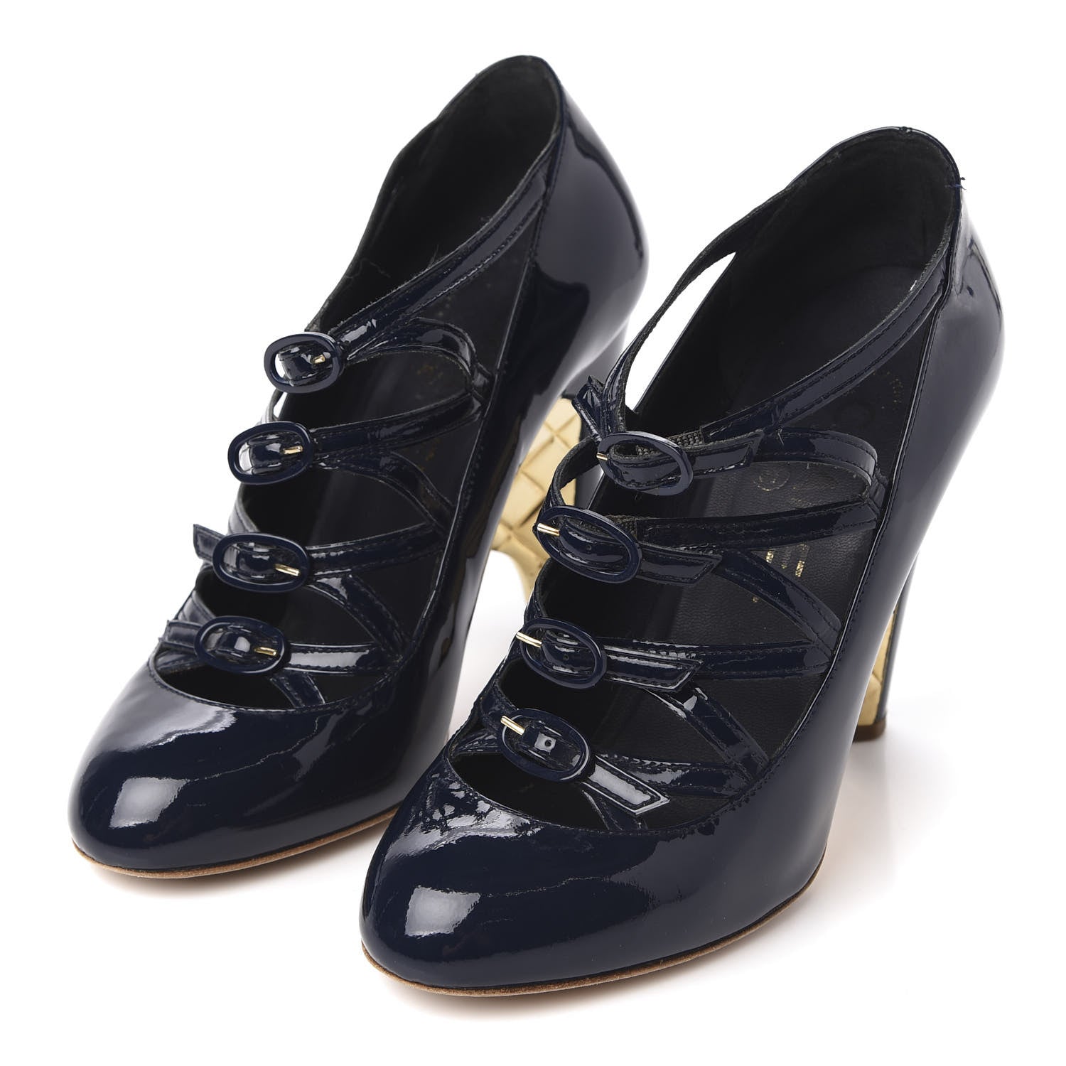 Chanel Patent Calfskin Quilted CC Strap Pumps 35 Navy Gold 3 of 10