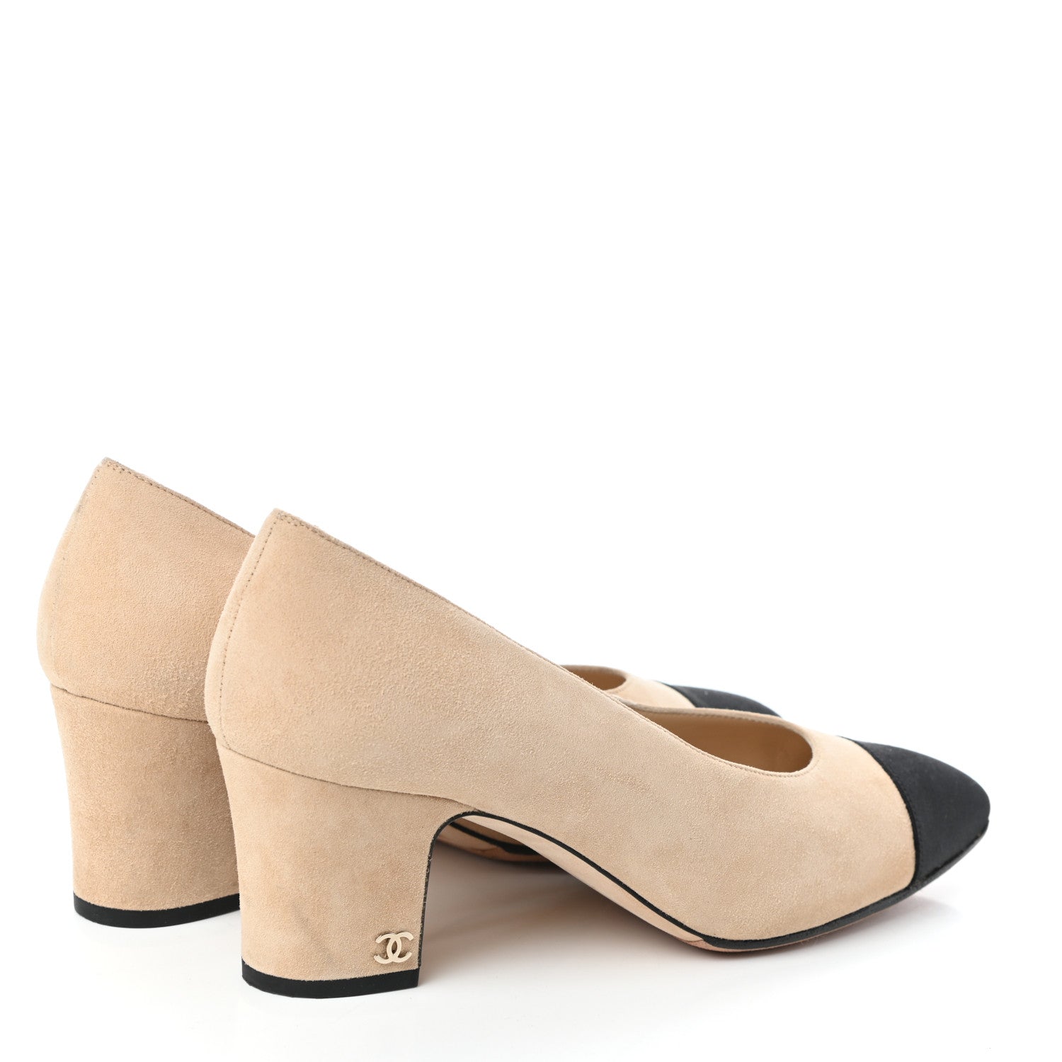 Chanel Suede Satin Cap Toe Low Heel Pumps 38.5 Beige Black 4 of 8