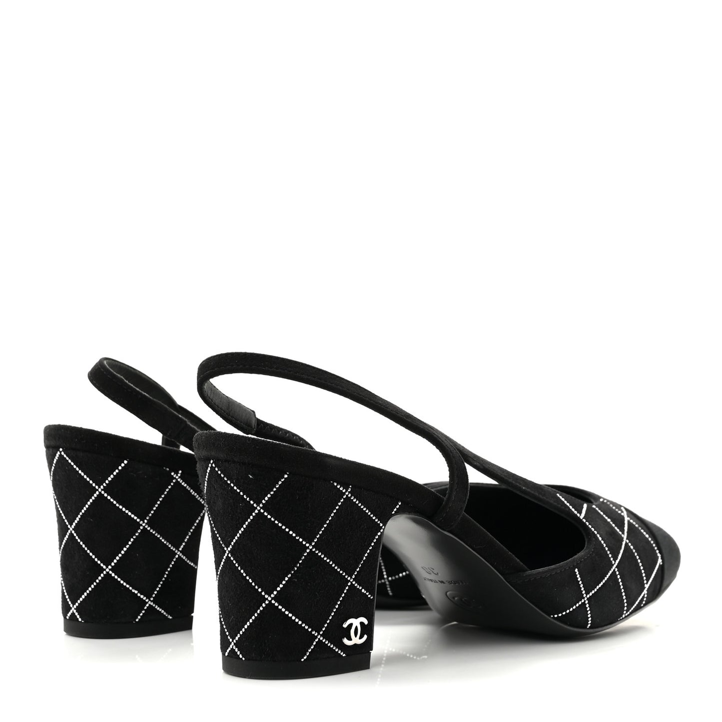 Suede Crystal Grosgrain Cap Toe CC Slingback Pumps 38 Black Silver