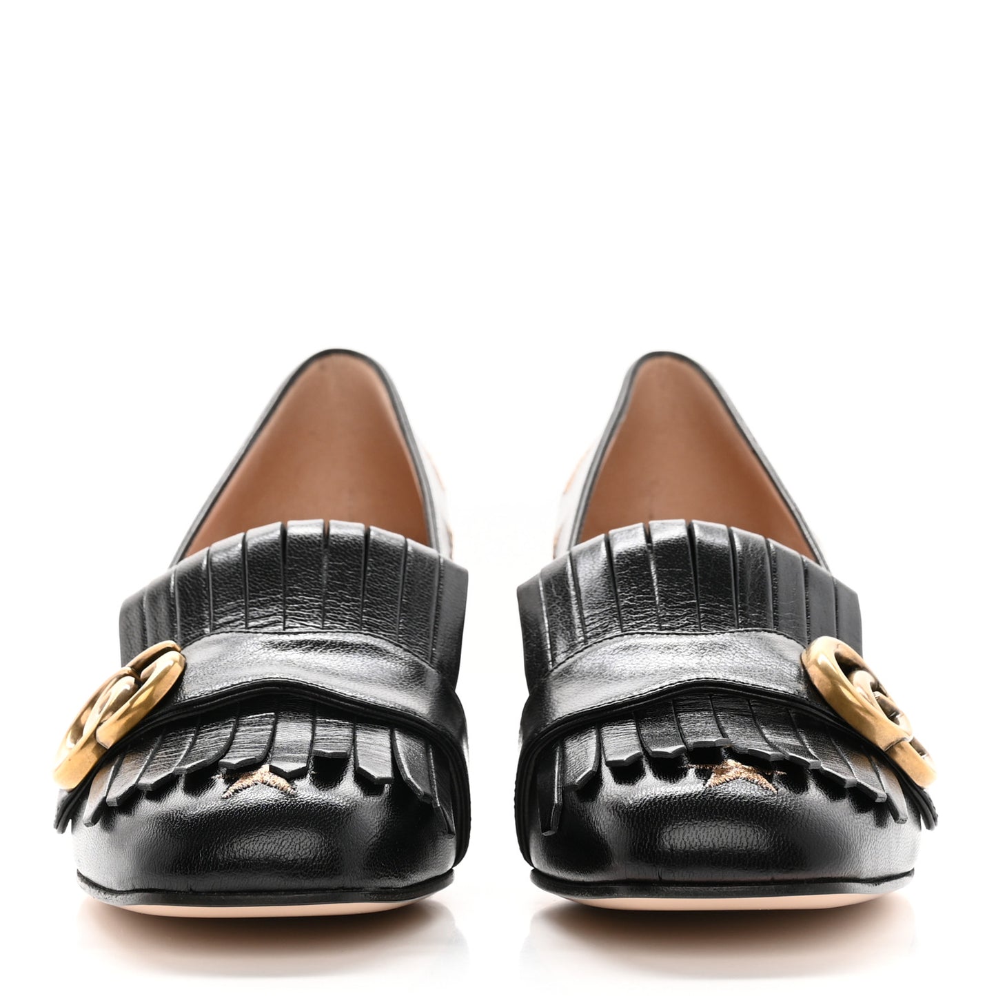 Quentin Goatskin Bee Star Embroidered GG Marmont Fringe 50mm Loafer Pumps 37 Black