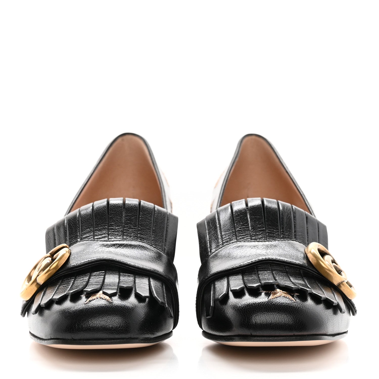 Gucci Quentin Goatskin Bee Star Embroidered GG Marmont Fringe 50mm Loafer Pumps 37 Black 2 of 17