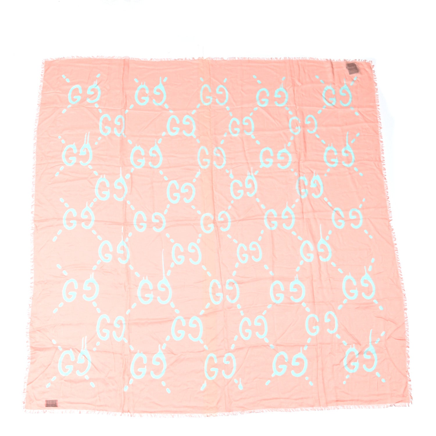 Gucci Modal Silk GG Writers Fringe Shawl Old Rose Sky Blue 1 of 5