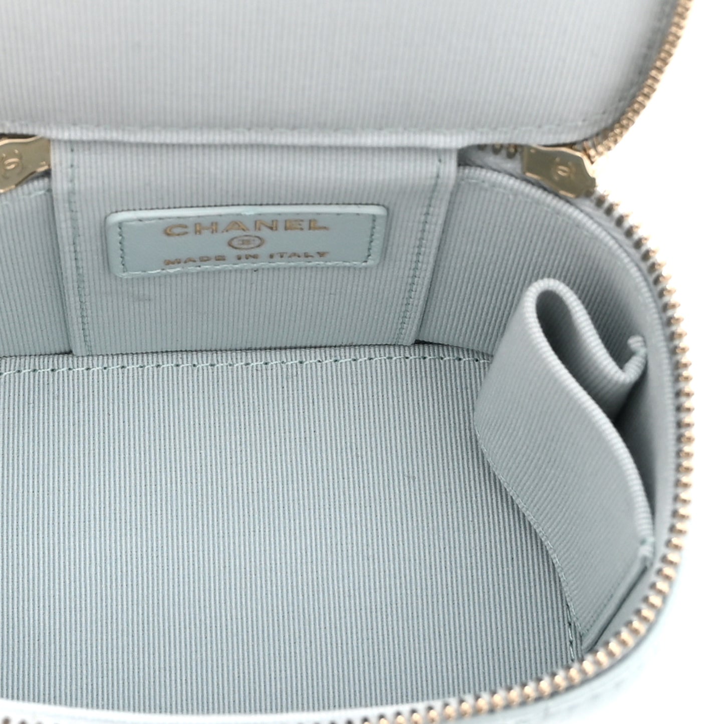 Lambskin Quilted Top Handle Mini Vanity Case With Chain Light Blue