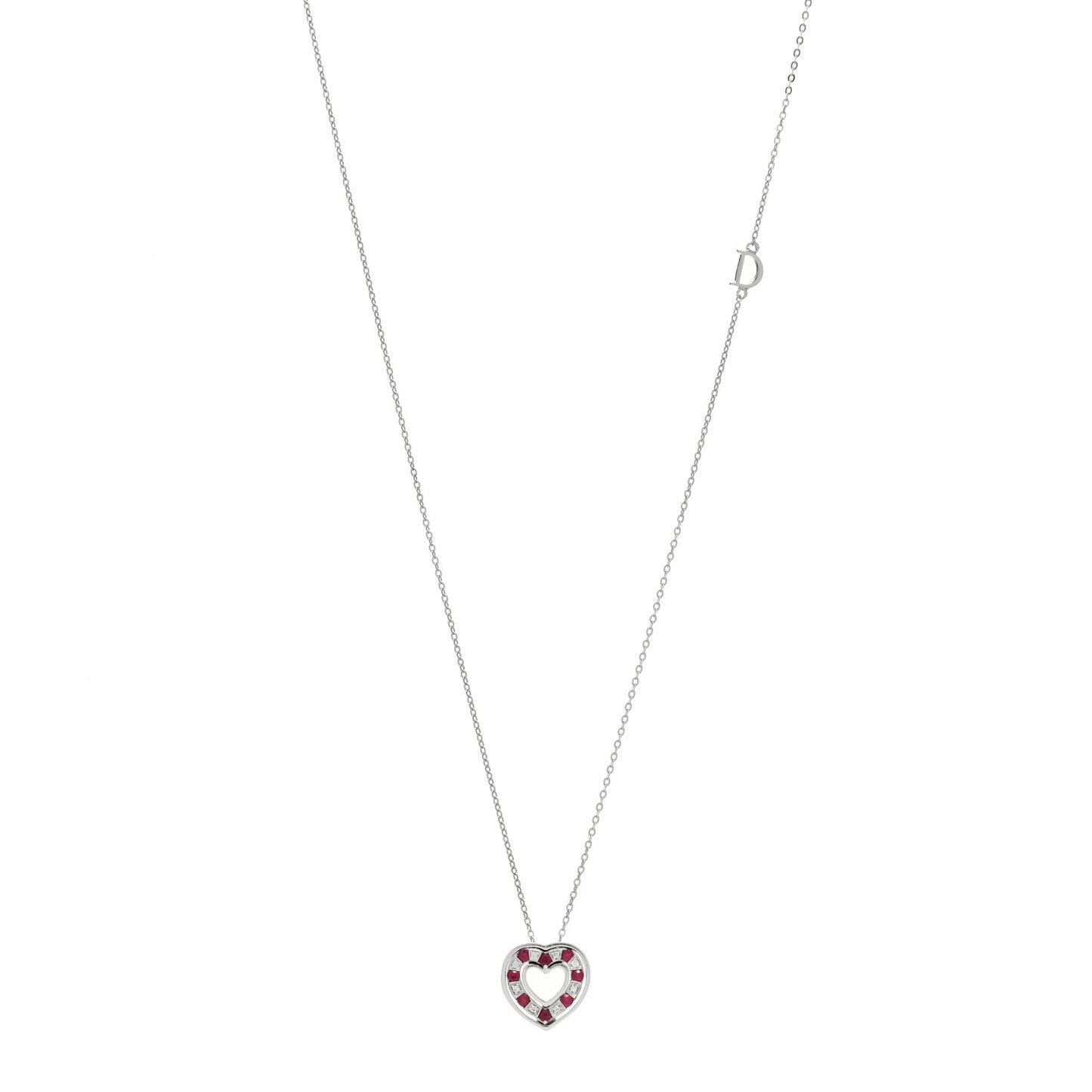 18K White Gold Diamond Ruby Small Belle Epoque Heart Pendant Necklace